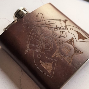 The Cowboys Flask Leather hip flask, Sheriff, Marshal, Engraved image 1