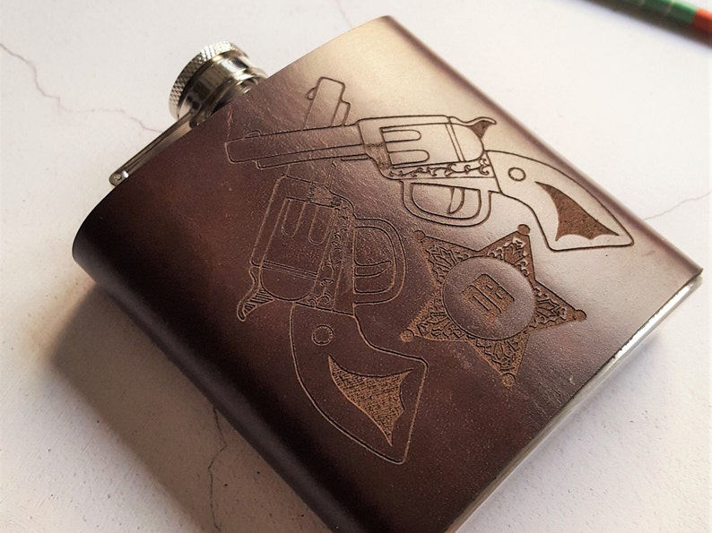 The Cowboys Flask Leather hip flask, Sheriff, Marshal, Engraved image 1