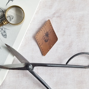 Hand-Dyed Leather Beetle Patch: Vintage Style Insect Illustration