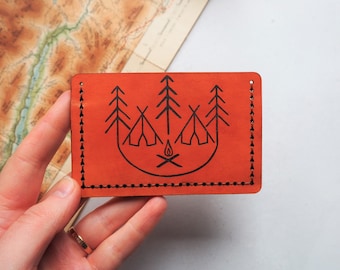 Leather Mountain Wallet, Personalised leather card holder, hand stitched wallet, camping gift, mountain man wallet boyfriend card holder