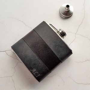 Personalised Leather Flask, black and brown leather hip flask, genuine leather,  personalized leather flask
