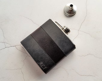 Personalised Leather Flask, black and brown leather hip flask, genuine leather,  personalized leather flask