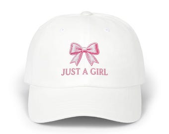 Just a Girl Embroidered Hat | Coquette Bow Baseball Cap, Unisex Dad Hat, Girly Pink Hat, Trendy Gift for Her