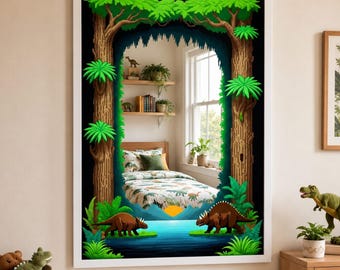 Enchanted Pixel Jungle Dinosaur Mirror Wall Art | Digital Print on Dekota with Plexi Silver Mirror | Kids Room Decor