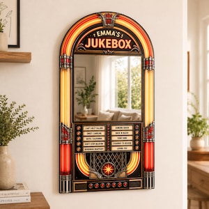 Gepersonaliseerde jukebox wandspiegel, retro muziekdecoratie met eigen naam, acrylprint in vintage stijl, uniek cadeau voor muziekliefhebbers.