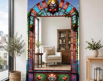 Carnival Clown Mirror, Circus Themed Wall Decor, Funhouse Style Digital Print Dekota & Plexiglass Silver Mirror
