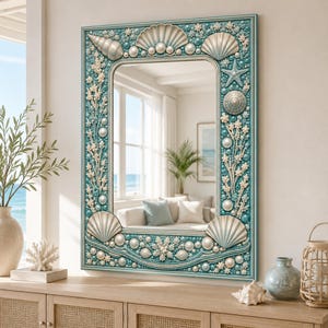 May include: A rectangular wall mirror featuring a decorative frame adorned with various seashells, white coral-like structures, and teal and white pearls. The frame has a teal border and displays a symmetrical arrangement of shells and beads.