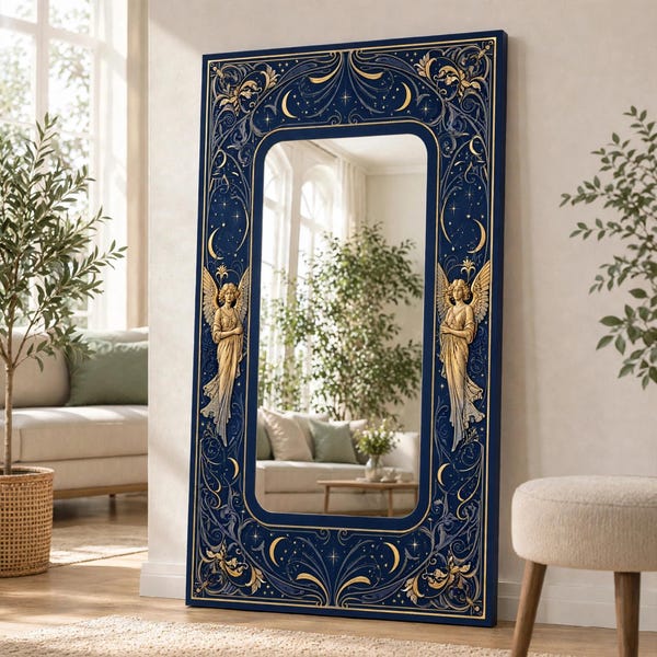 Ornate Angel & Celestial Mirror | Gold Blue Wall Decor | Large Decorative Plexi Mirror | Art Nouveau Style