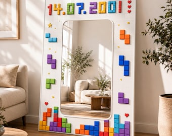 Spersonalizowane lustro Tetris z niestandardową datą | Cyfrowy nadruk retro gamingowy na srebrnym lustrze Dekota i pleksi