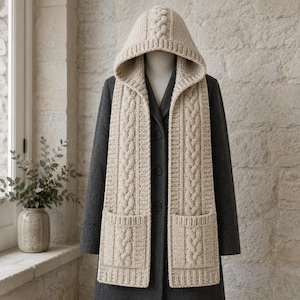 Peut inclure: Une écharpe à capuche beige présentant un motif en tricot torsadé proéminent, des détails côtelés verticaux et deux poches avant intégrées. L'écharpe est drapée sur un manteau gris anthracite foncé, avec une construction en tricot épais et texturé.