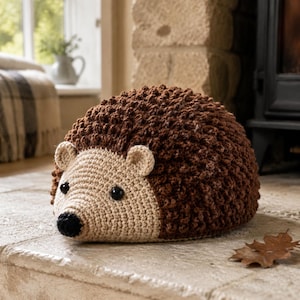 May include: A crochet hedgehog stuffed animal featuring a textured dark brown back made of looped yarn, a smooth light beige face, two small rounded ears, two black plastic eyes, and a small black nose, crafted in a rounded, compact shape.