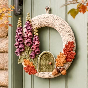 May include: A circular crochet wreath in cream yarn featuring three tall purple foxglove flowers, a small arched green door with a wooden button knob, several orange and red oak leaves, and two brown acorns attached to the lower right side.
