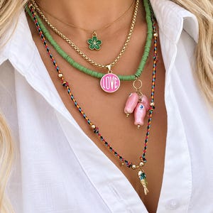 Layered Necklace Set, Colorful Charm Necklaces, Gold Chain & Beaded Necklace, Pink Fish Charm Jewelry, Green Clover Necklace,  Boho Jewelry