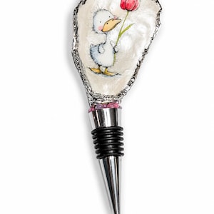 Hand-Painted Oyster Shell Wine Stopper, Duckling Tulip Art, Coastal Home Bar Accessory
