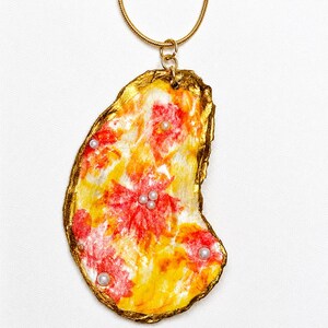 Floral Oyster Shell Pendant Necklace, Decoupage Coastal Jewelry, Gold Edge Pearls