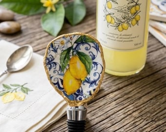 Handcrafted Oyster Shell Wine Stopper - Amalfi Lemon & Blue Tiles - Gold Leaf Trim Hostess Gift