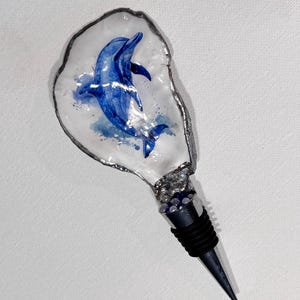 Hand-Finished Oyster Shell Wine Stopper, Dolphin Art, Beach Wedding Gift