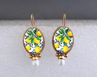Handmade Lemon Tile Drop Earrings, Gold-Tone Oval, Amalfi Coast Inspired