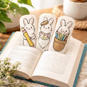 3pcs Artist Rabbit Punch Needle Bookmark Set, 3 Piece Fiber Art Reader Gift, Sketchbook Inspired Yarn Embroidery Page Markers