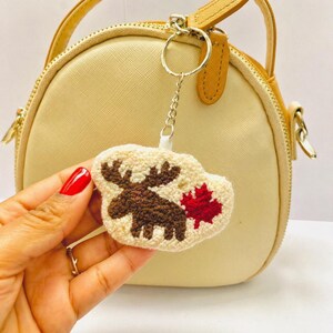 Moose and Maple Leaf Punch Needle Keychain, Handmade Canadian Nature Bag Charm, Soft Looped Yarn Key Ring