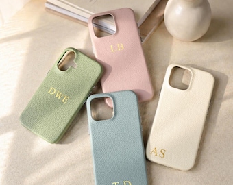 Funda de piel auténtica personalizada: iPhone 17, 16, 15 y 14 Pro Max, funda personalizada con monograma, elegante regalo en relieve para ella.