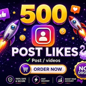 以下が含まれることがあります： 500 POST LIKESというテキスト、中央のユーザーアイコン、炎の尾を引く2機のロケット、いいねやハートのアイコン、金貨、NO DROPと書かれた紫色のバッジが描かれたデジタルグラフィック。ORDER NOWボタンとテキストが含まれています。