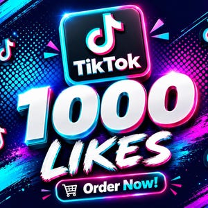 Könnte beinhalten: Eine digitale Grafik mit dem TikTok-Logo über dem fetten weißen Text 1000 LIKES, umgeben von kleineren schwebenden TikTok-Symbolen vor einem dunkelblauen und violetten Hintergrund mit Neonlichtstreifen und einem Button Order Now mit Einkaufswagen.