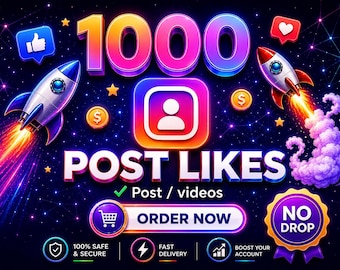 Può includere: Una grafica digitale con il testo 1000 POST LIKES, un'icona utente centrale, due razzi con scie di fuoco, un'icona pollice in su, un cuore, monete d'oro e un pulsante con la scritta ORDER NOW, un carrello e un badge NO DROP.