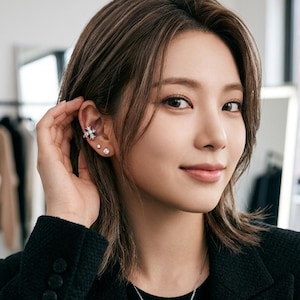 Peut inclure: Une boucle d'oreille en forme de croix ornée de pierres transparentes, portée avec deux petites boucles d'oreilles à clous circulaires. Le bijou est métallique et poli, présentant un motif de croix détaillé sur le cartilage supérieur de l'oreille.