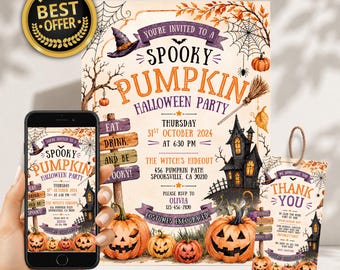 May include: A Halloween party invitation set featuring a large card, a matching thank you tag, and a smartphone displaying the invitation. The design includes orange pumpkins, a dark haunted house, a witch hat, and text reading Spooky Pumpkin.