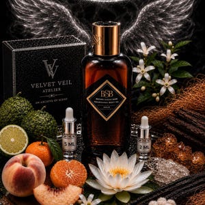 May include: A brown glass bottle of BSB Brown Sugar Babe Nourishing Body Oil with a gold cap, accompanied by 5 ml and 2 ml sample vials, a black Velvet Veil Atelier box, fresh peaches, citrus fruits, a white water lily, and vanilla beans.