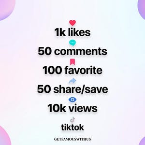 Può includere: Grafica con metriche social, tra cui 1k like, 50 commenti, 100 preferiti, 50 condivisioni/salvataggi e 10k visualizzazioni. Il logo di TikTok è in basso, con la scritta "GETFAMOUSWITHUS". Lo sfondo presenta un gradiente rosa, viola e blu.