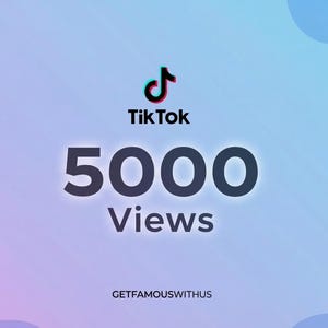 Puede incluir: Imagen con el logotipo de TikTok y el texto "5000 Views" en negrita. El fondo es un degradado de azul y morado con formas abstractas. La dirección del sitio web "GETFAMOUSWITHUS" está en la parte inferior.