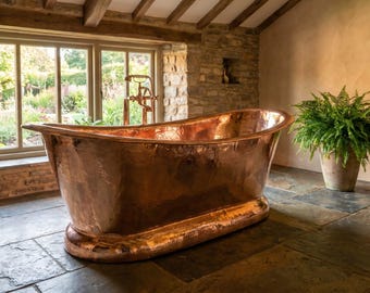 Hammered Copper Slipper Bathtub, Handmade Polished Freestanding Soaking Bath, Artisan Boat Tub