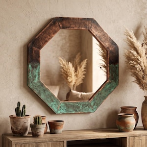Handmade Copper Octagon Mirror, Verdigris Patina, Geometric Vanity Wall Art