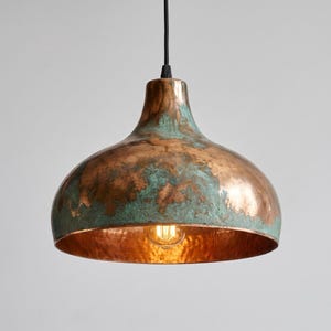 Handmade Copper Dome Pendant Light | Oxidized Green Patina, Rustic Farmhouse Lighting