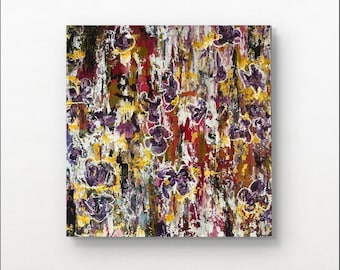 Pintura acrílica Violet Requiem: Obra de arte floral original de 61 x 61 cm.