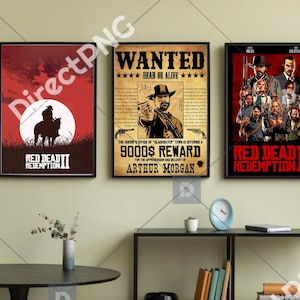 May include: Three framed Red Dead Redemption II posters. The left poster features a silhouette of a cowboy on a horse against a red sky. The center poster is a "Wanted" poster for Arthur Morgan. The right poster displays a group of characters.