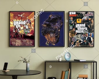 GTA 5 Poster Set of 3, Grand Theft Auto V Wall Art, GTA V Gaming Poster Bundle, Video Game Decor, Rockstar Print, Gift for Gamers