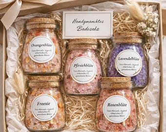 Badesalz Geschenkset 5x100ml Wellness Spa Self Care Naturkosmetik blumige und frische Düfte Clean Flower Geschenke für Frauen