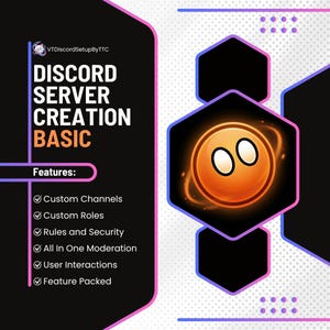 May include: A promotional graphic for Discord server creation. The design includes the text "DISCORD SERVER CREATION BASIC" in white and orange. Key features are listed below. An orange planet-like icon is in the center of the design.