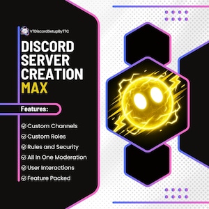 May include: A graphic with the text "DISCORD SERVER CREATION MAX" in white and yellow. Features include custom channels, roles, and security. A yellow sun-like graphic with lightning bolts is also present.