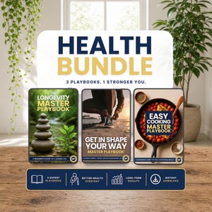 May include: A digital health bundle featuring three playbooks titled The Longevity Master Playbook, Get In Shape Your Way Master Playbook, and Easy Cooking Master Playbook, with text indicating 3 expert playbooks and instant download.