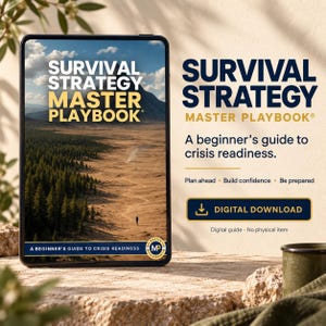 Könnte beinhalten: Ein digitales Tablet mit dem Cover des Survival Strategy Master Playbook, das eine Landschaft mit Wald und Pfad zeigt. Der Text lautet: Survival Strategy Master Playbook, A beginner's guide to crisis readiness, Digital Download.