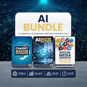 Könnte beinhalten: Ein KI-Paket bestehend aus drei digitalen Handbüchern mit den Titeln ChatGPT Master Playbook, AI Master Playbook Volume 1: Foundations und Social Media Growth Master Playbook, ergänzt durch Social-Media-Symbole und erklärende Texte.