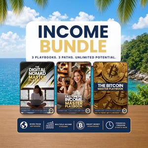 May include: An Income Bundle featuring three digital playbooks titled The Digital Nomad Master Playbook, Fast Online Income Master Playbook, and The Bitcoin Master Playbook. The graphic includes text about work from anywhere and financial freedom.
