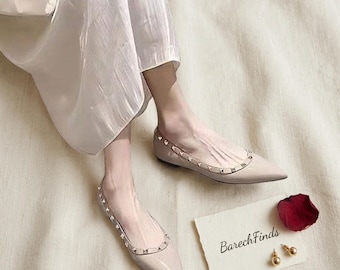 Women's Patent Leather Pointed Toe Flats with Rivet Detail  French Style Work Shoes