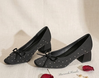 Square Toe Bow Chunky Heel Pumps  Women's Polka Dot Slip-On Dress Shoes