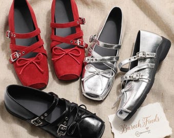 Women's Square Toe Mary Jane Flats with Bow Buckle  Soft Sole Ballet Shoes