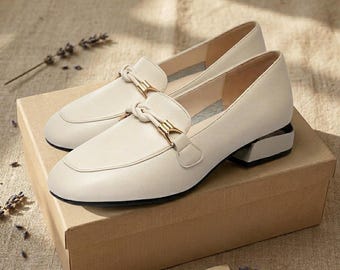 Women's Leather Look Loafers Low Heel, Round Toe, Slip-On Work Shoes